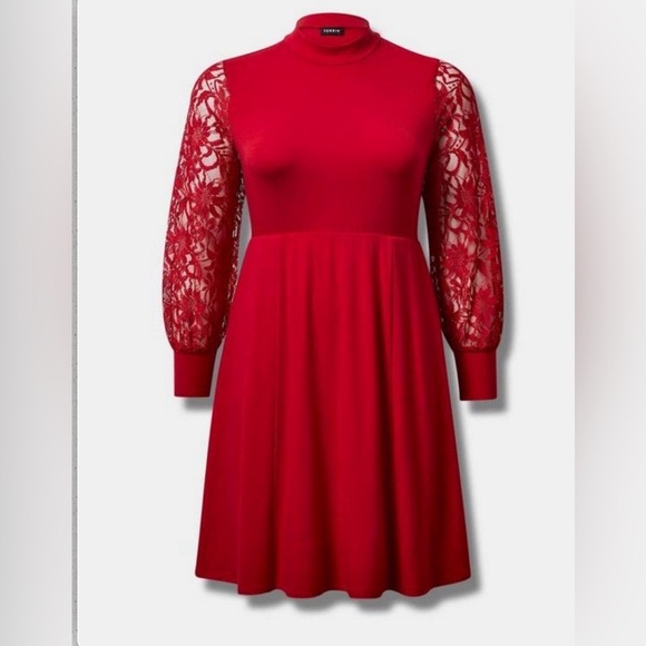 Lace Sleeve Mock Neck Skater Dress - Picture 2 of 4